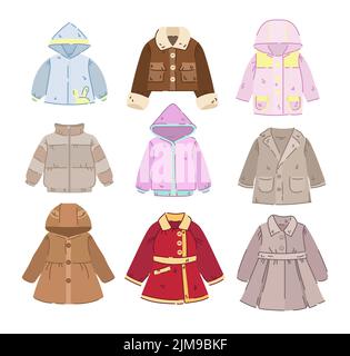 Ensemble d'illustrations pour manteaux et vestes pour enfants. Vêtements d'hiver ou d'automne pour garçons et filles isolés sur fond blanc. Vêtements, vêtements d'extérieur, Illustration de Vecteur