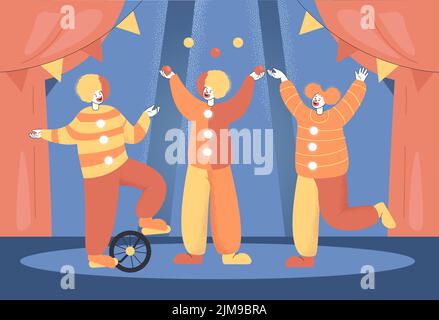 Des clowns de dessin animé ou des jongleurs se présentant au spectacle de cirque. Affiche de cirque ou papier peint, avec des personnages de comédien ou de joker sur l'illustration vectorielle plate de l'arène. Illustration de Vecteur