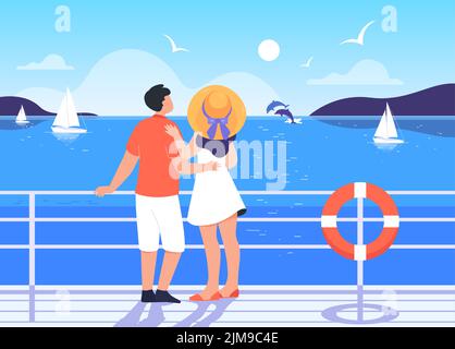 Vue arrière du couple sur le pont du bateau de croisière. Homme et femme naviguant sur bateau, romantique paysage marin illustration de vecteur plat. Vacances, romance, loisirs conc Illustration de Vecteur