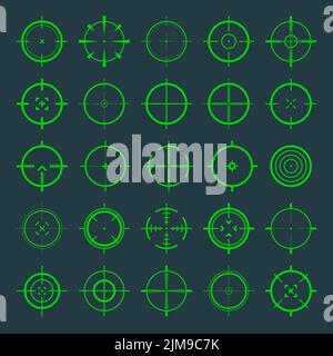 Icônes de réticule, de vecteur de vue du canon. Logo de la cible, cible verte ou symbole d'objectif. Champ d'application de la carabine militaire, symbole de tir. Ciblage, visée pour une prise de vue Illustration de Vecteur