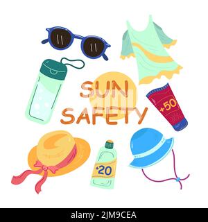 Ensemble de vêtements et de produits contre les coups de soleil. Sécurité solaire, collection de dessins de dessins de dessins de chemise, chapeaux, écran solaire sur fond blanc Illustration de Vecteur