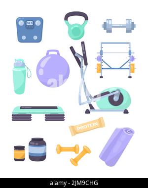 Équipement pour la salle de gym dessin animé ensemble d'illustration. Ballon d'aérobic, haltères, kettlebell, danse du robinet, tapis, élastique de forme physique, bouteille d'eau, traini Illustration de Vecteur