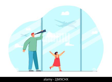 Père et fille regardant les avions à l'aéroport. Homme regardant un avion volant à travers une illustration à vecteur plat en spyglass. Vacances en famille, voyage, Illustration de Vecteur