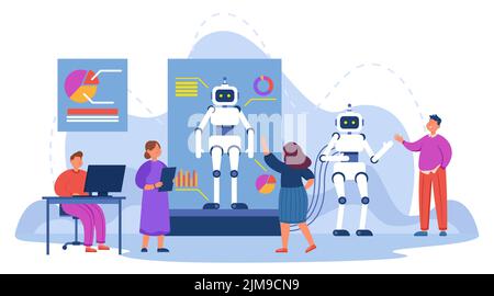 Des techniciens de dessin animé créent des robots en laboratoire. Génie mécanique ou matériel, scientifique avec ordinateur, illustration de vecteur plat de la nouvelle invention. TEC Illustration de Vecteur