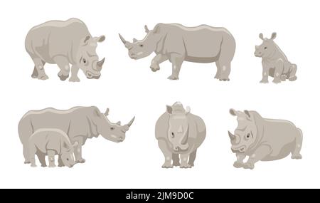 Rhinocéros avec dessin animé jeune animal ensemble d'illustration. Personnage de rhinocéros gris dans différentes positions, marchant, allongé et assis sur fond blanc. Un Illustration de Vecteur