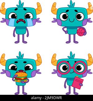 Ensemble de petits monstres mignons dessinés à la main qui pleurent, tiennent le ballon, mangeant le hamburger, portant des lunettes Illustration de Vecteur