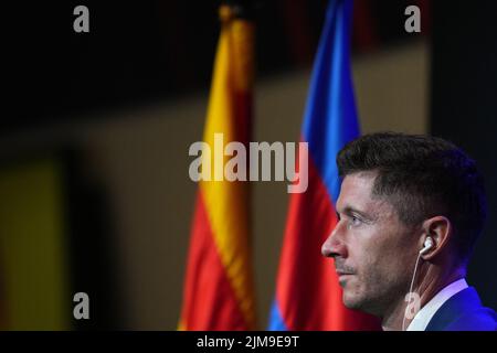 Robert Lewandowski lors de sa présentation en tant que nouveau joueur du FC Barcelone au stade Camp Now sur 5 août 2022 à Barcelone, Espagne. (Photo de Bagu Blanco / PRESSIN) Banque D'Images