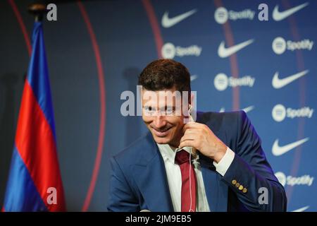 Robert Lewandowski lors de sa présentation en tant que nouveau joueur du FC Barcelone au stade Camp Now sur 5 août 2022 à Barcelone, Espagne. (Photo de Bagu Blanco / PRESSIN) Banque D'Images