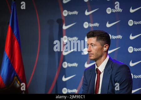 Robert Lewandowski lors de sa présentation en tant que nouveau joueur du FC Barcelone au stade Camp Now sur 5 août 2022 à Barcelone, Espagne. (Photo de Bagu Blanco / PRESSIN) Banque D'Images