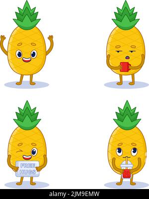 Ensemble de jolis personnages d'ananas dessinés à la main souriant, buvant un café et un cocktail, tenant une affiche de câlins gratuite Illustration de Vecteur