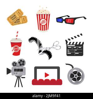 Jeu d'illustrations vectorielles plates de différents éléments de cinéma. Cinema ELEMENTS, pop-corn, 3D verres, clapperboard, appareil photo, billets sur fond blanc Illustration de Vecteur