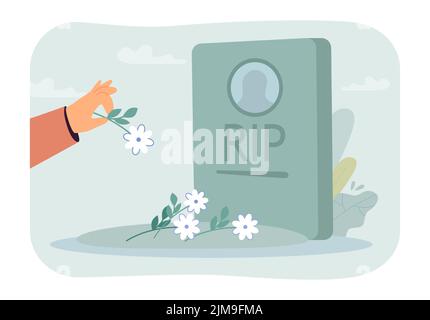 Main mettant des fleurs sur l'illustration tombstone à vecteur plat. Personne pleurant et visitant le cimetière. Cérémonie funéraire, mémorial, concept de tombe pour banne Illustration de Vecteur