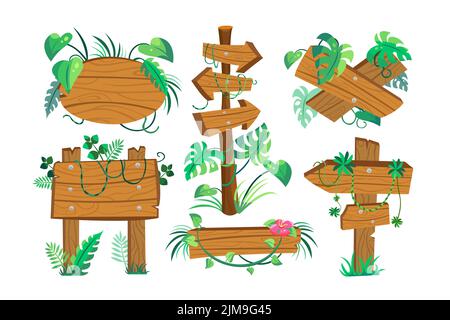 Panneaux ou panneaux sur poteaux provenant de l'ensemble d'illustrations vectorielles en bois. Les aiguilles de direction en bois et les planches avec des plantes, des feuilles et des lianes dans l'isolat forestier Illustration de Vecteur