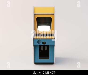 Une machine d'arcade rouge vintage sans marque avec commandes et boutons et un écran vierge sur un fond blanc isolé - rendu 3D Banque D'Images