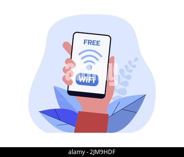 Main tenant un smartphone avec symbole Wi-Fi gratuit à l'écran. Personne se connectant à Internet public sans mot de passe illustration vectorielle plate. Conn. Réseau Illustration de Vecteur