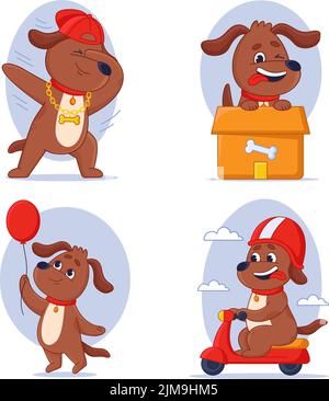 Joyeux chien de dessin animé faisant un geste de dabuter, scooter d'équitation, tenant ballon d'air, assis dans un coffret Illustration de Vecteur