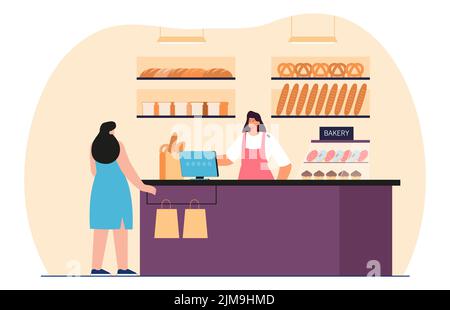 Fille achetant du pain à la boulangerie magasin plat vecteur illustration. Femme vendeur au service du client. Client debout au comptoir. Femme choisissant des gâteaux frais et Illustration de Vecteur