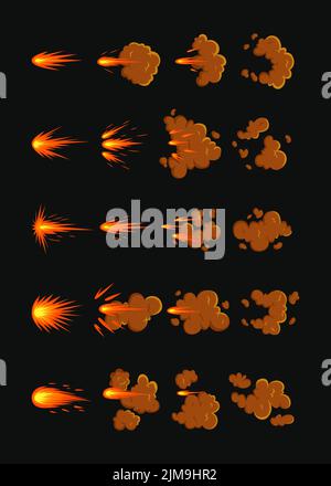 Animation Gunshot sur fond noir ensemble d'illustrations de dessin animé. Le canon orange clignote avec un feu et de la fumée, un effet explosif ou une trace de balle. Explosion, W Illustration de Vecteur