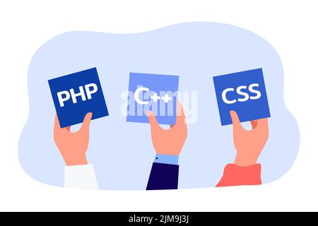 Mains portant des symboles de différents langages de programmation. Programmeurs utilisant un logiciel pour coder l'illustration vectorielle plate. Programmation, ingénierie Illustration de Vecteur