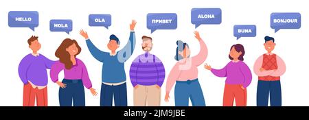 Des gens qui disent bonjour dans différentes langues. Hommes et femmes multiethniques parlant des langues étrangères. Haut-parleurs multilingues pour illustrateur vectoriel plat Illustration de Vecteur