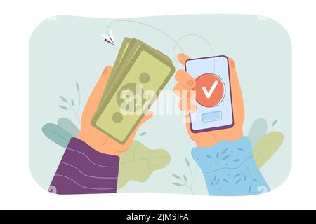 Personne envoyant de l'argent à l'aide de l'illustration vectorielle plate du téléphone. Mains tenant de l'argent et smartphone avec l'application bancaire sur son écran. Transfert d'argent concep Illustration de Vecteur