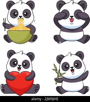 Collection de pandas de bébé dessinés à la main mangeant des nouilles, jouant de pick-a-boo, tenant le coeur et la brindille Illustration de Vecteur