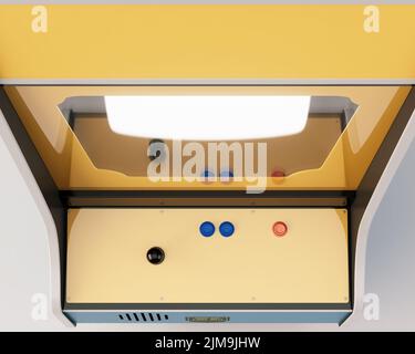 Une machine d'arcade rouge vintage sans marque avec commandes et boutons et un écran vierge sur un fond blanc isolé - rendu 3D Banque D'Images