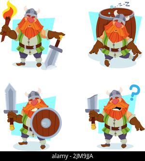 Collection de personnages viking amusants en train de dormir, de tenir le bouclier et l'épée Illustration de Vecteur