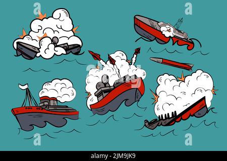 Bande dessinée de sous-marins dans jeu d'illustrations de dessin animé de bataille. Navires de guerre ou bateaux combattant en mer, explosant des bombes, lançant des missiles. Action militaire, Illustration de Vecteur