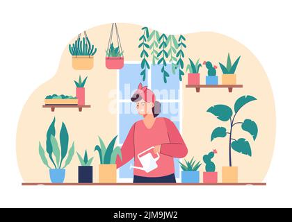 Intérieur confortable avec femme arrosoir plantes vertes. Dame prenant soin de joli jardin, plantes sur table illustration vectorielle plate. Jardinage, plantes Illustration de Vecteur