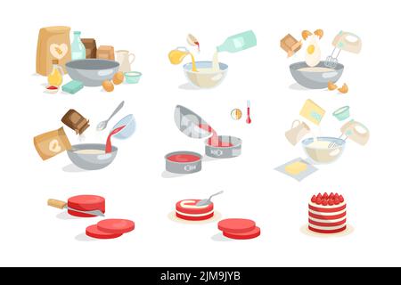 Ensemble d'illustrations pour gâteaux ou tourtes. Ajouter les ingrédients dans le bol étape par étape, mélanger les œufs, la farine, le sucre avec le mélangeur, préparer faire Illustration de Vecteur