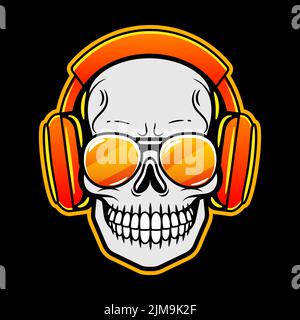 Crâne dans un casque sur fond noir. Illustration. Illustration de Vecteur