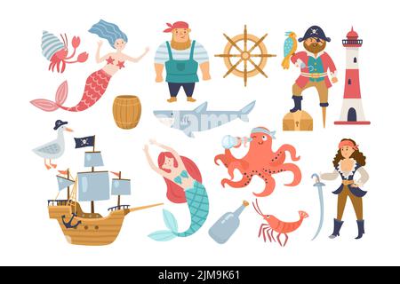 Adorable animaux sous-marins, jeu d'illustrations de dessin animé de voleurs de mer. Sirène, méduse, navire avec ancre, crabe, pieuvre, personnage de capitaine puéril, clair Illustration de Vecteur