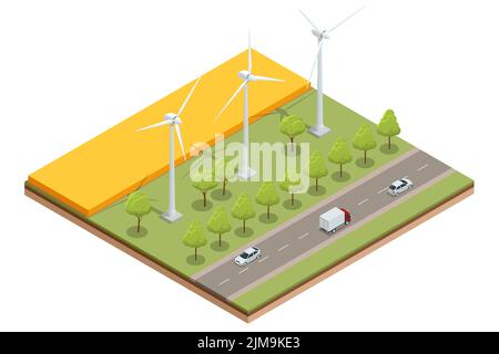 Isométrique industrie de l'énergie verte. Éoliennes produisant de l'électricité énergie renouvelable durable. Parc d'éoliennes. Illustration de Vecteur