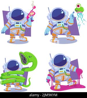 Ensemble d'astronautes dessinés à la main tenant des blaster, pointant vers des méduses, mangés avec des géantes chaudes, bloquées dans le citron vert Illustration de Vecteur