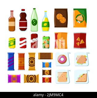 Kit d'illustrations vectorielles pour distributeurs automatiques. Emballages en plastique avec sandwichs, soda, paquets de chips, barres de chocolat, bonbons sur le merde Illustration de Vecteur