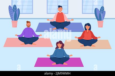 Les personnes qui font du yoga dans l'illustration vectorielle plate en studio. Groupe de gens d'affaires ou de travailleurs de bureau essayant de se détendre, assis dans lotus poser sur des tapis, faisant Illustration de Vecteur