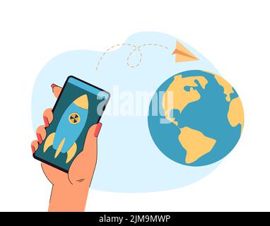 Missile sur l'écran du téléphone dans l'illustration vectorielle plate de la main humaine. Globe en bleu et jaune. Lancement de missile à distance. Militaire, concept d'arme pour b Illustration de Vecteur