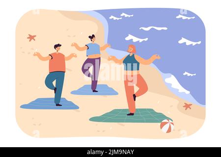 Personnes debout en position d'arbre sur la plage de sable. Homme et femme faisant du yoga sur des tapis à l'extérieur près de l'océan illustration vectorielle plate. Sport, concept de santé f Illustration de Vecteur