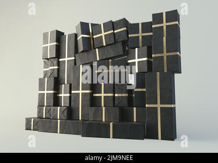 Un mur empilé de boîtes-cadeaux rectangulaires de différentes tailles enveloppées dans un emballage-cadeau noir et un ruban doré sur un arrière-plan de studio isolé - rendu 3D Banque D'Images