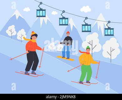 Paysage de station de ski avec famille heureuse avec enfant. Personnages de dessin animé skier en montagne, remontée mécanique ou ascenseur illustration vectorielle plate. Cactus d'hiver Illustration de Vecteur