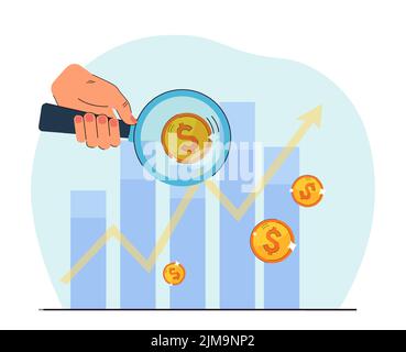 Personne analysant le tableau financier. Main tenant la loupe contre les cartes avec des pièces. Finance, banque, business concept pour bannière, site web desi Illustration de Vecteur