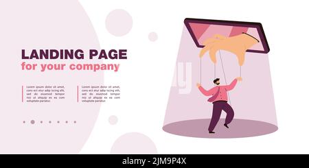 Main de téléphone contrôlant homme d'affaires de dessin animé comme marionnette. Techniques de propagande d'Internet convaincantes, fausses nouvelles en ligne illustration vectorielle plate. Socie Illustration de Vecteur