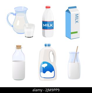 Kit d'illustrations vectorielles pour le lait dans différents récipients. Lait de vache frais en carton, bouteille, verre, tasse, différents emballages isolés sur fond blanc. Illustration de Vecteur