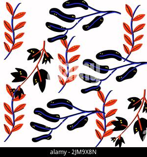 Collection de feuilles et de fleurs avec ornements folkloriques sur fond blanc. Dessin à la main d'un motif plat avec motif floral décoratif stylisé diffrent Banque D'Images