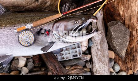 Équipement de pêche à la mouche vintage au-dessus de grandes truites dans un cadre de lit de rivière Banque D'Images