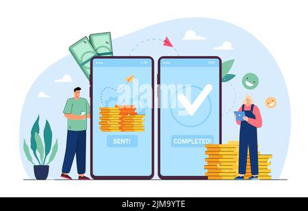 Illustration du vecteur plat de transfert de paiement mobile. Un petit homme et une petite femme envoyant et recevant de l'argent sans fil, faisant le versement avec l'aide d'un smartphone. B Illustration de Vecteur