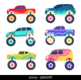 Monster Trucks comme jouets pour enfants vecteur illustrations ensemble. Collection de dessins de dessins animés puéril de voitures de course rétro avec de grandes roues isolées sur W Illustration de Vecteur