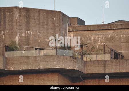 Les hauts bunkers, anciens tours de Flak, avec terrasse de toit et palmiers à Hambourg, Allemagne. Banque D'Images