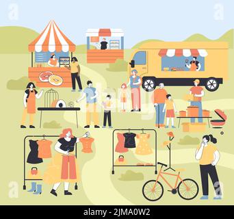 Parc paysage avec des gens qui vendent de la nourriture et des vêtements à la foire. Circulaire avec scène de vente de garage, présence de foule à l'événement illustration vectorielle plate. Communauté, shopping Illustration de Vecteur